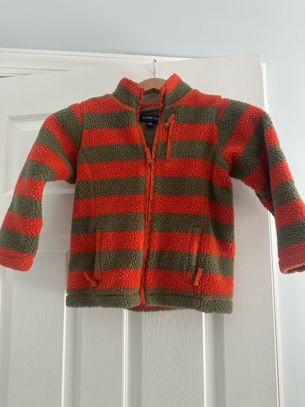 Lands' End Kids' Striped Sherpa Jacket in Orange and Olive, size M (5-6)